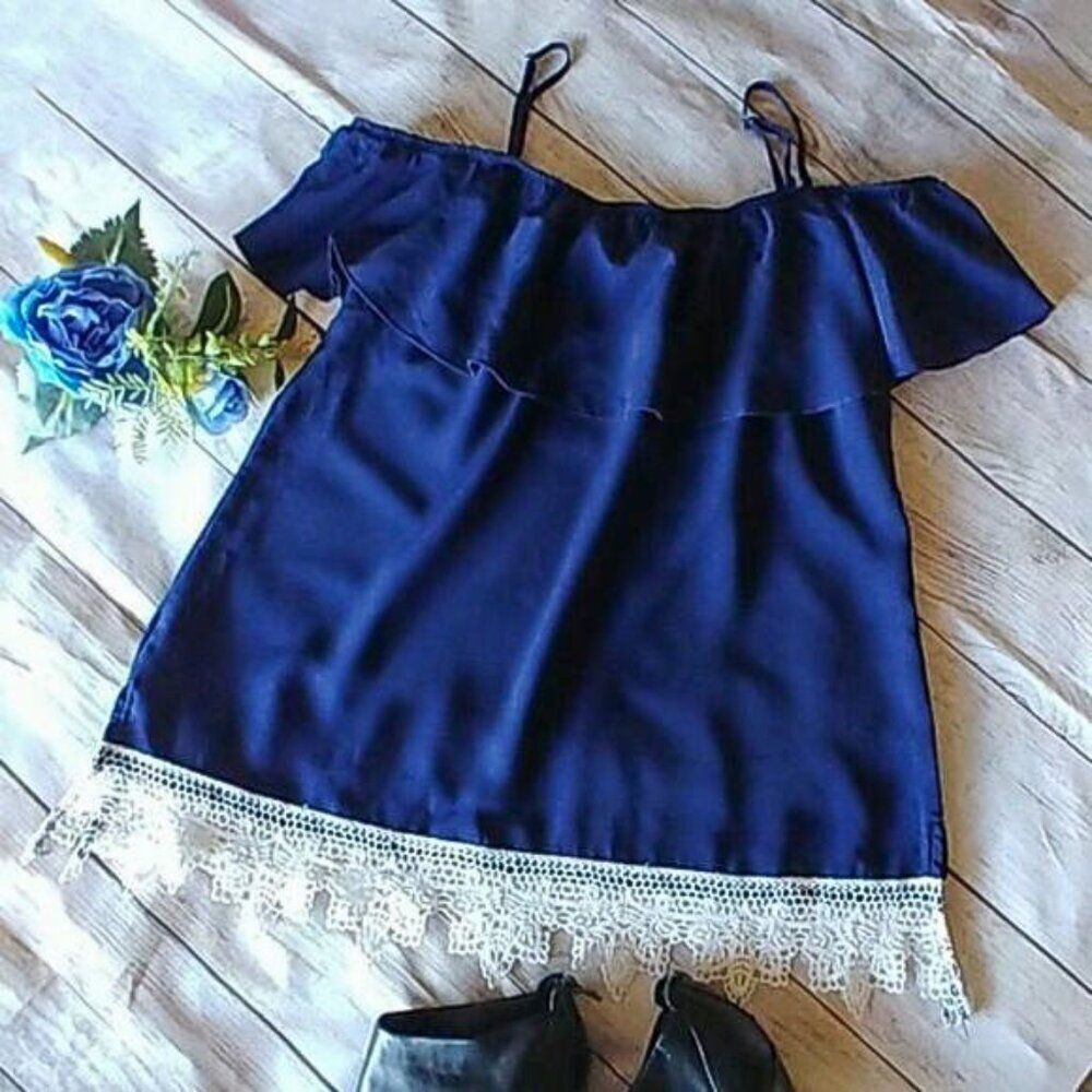 Sapphire Blue Lace Edge Ruffle Top - Picture 3 of 10